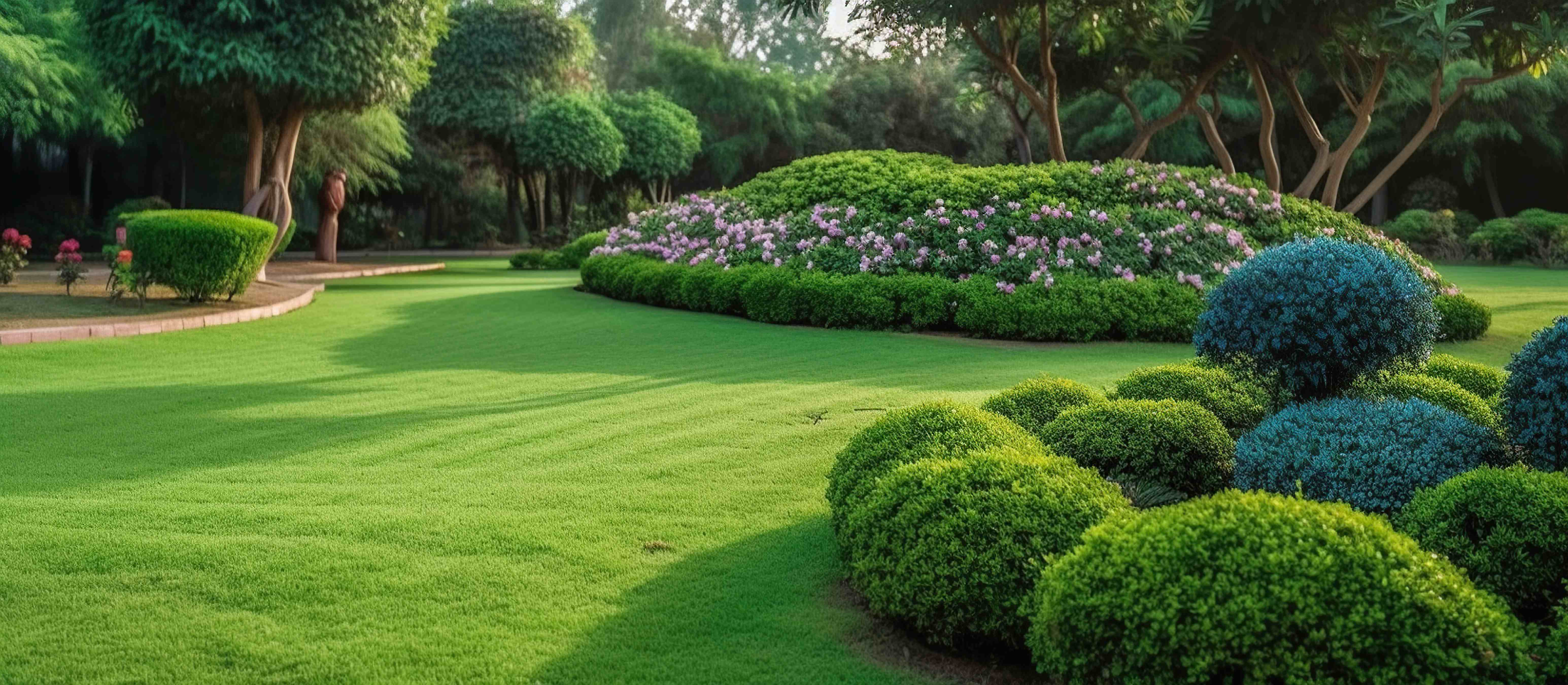Manicured landscape with topiary and flowering shrubs